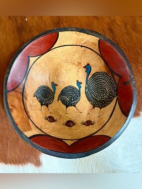 Vintage Hand Painted Wooden Bowl From Africa With Guinea Hen & Chicks